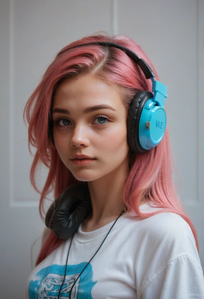 In the image, we see a young woman with vibrant pink hair wearing headphones. She has a confident expression on her face and appears to be enjoying listening to music. The headphones are over her ears, and she is wearing a white sweatshirt. The woman''s age is estimated to be around 22 years old, and she is identified as female. The colors in the image include shades of pink, purple, and blue. The focus is on the woman''s face and hair, showcasing her unique style and personality.