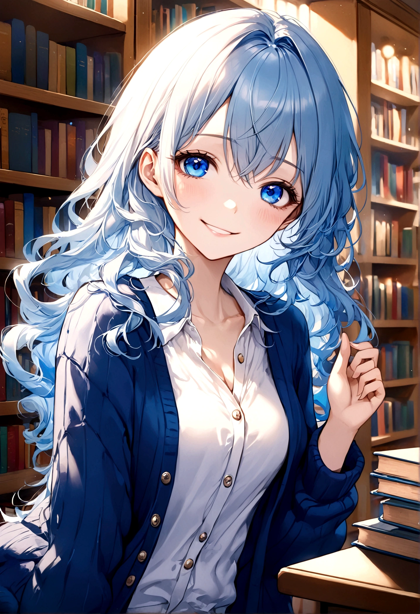 ((top-quality)), ((masterpiece)), ((ultra-detailliert)), (extremely delicate and beautiful), beautiful woman, bright light blue hair, long wavy hair, sapphire blue eyes, cozy cardigan, white shirt under cardigan, sweet smile, fair complexion, library background