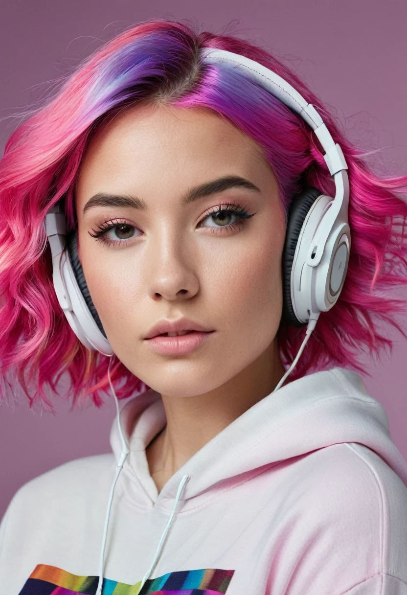 In the image, we see a young woman with vibrant pink hair wearing headphones. She has a confident expression on her face and appears to be enjoying listening to music. The headphones are over her ears, and she is wearing a white sweatshirt. The woman''s age is estimated to be around 22 years old, and she is identified as female. The colors in the image include shades of pink, purple, and blue. The focus is on the woman''s face and hair, showcasing her unique style and personality.