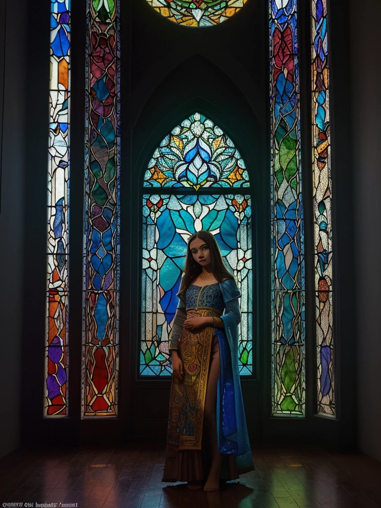 (masterpiece, top quality, best quality,official art, beautiful and aesthetic:1.2),(1girl:1.3), 1girl BREAK stained glass art, colored glass, lead lines, light transmission BREAK vibrant colors, intricate designs, luminous effects, spiritual ambiance