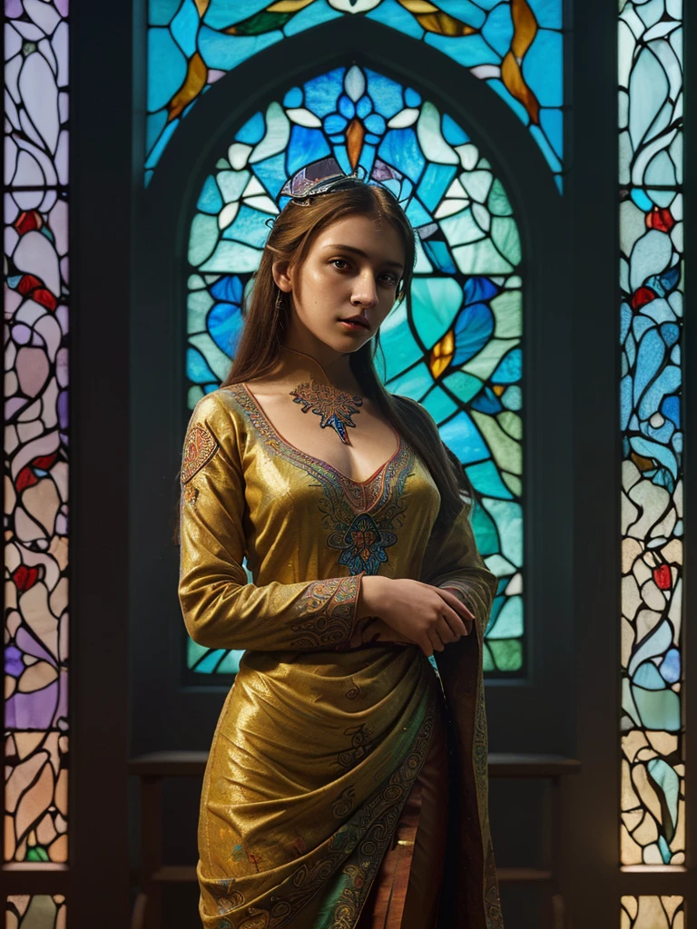 (masterpiece, top quality, best quality,official art, beautiful and aesthetic:1.2),(1girl:1.3), 1girl BREAK stained glass art, colored glass, lead lines, light transmission BREAK vibrant colors, intricate designs, luminous effects, spiritual ambiance