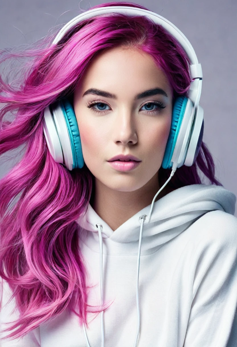 In the image, we see a young woman with vibrant pink hair wearing headphones. She has a confident expression on her face and appears to be enjoying listening to music. The headphones are over her ears, and she is wearing a white sweatshirt. The woman''s age is estimated to be around 22 years old, and she is identified as female. The colors in the image include shades of pink, purple, and blue. The focus is on the woman''s face and hair, showcasing her unique style and personality.