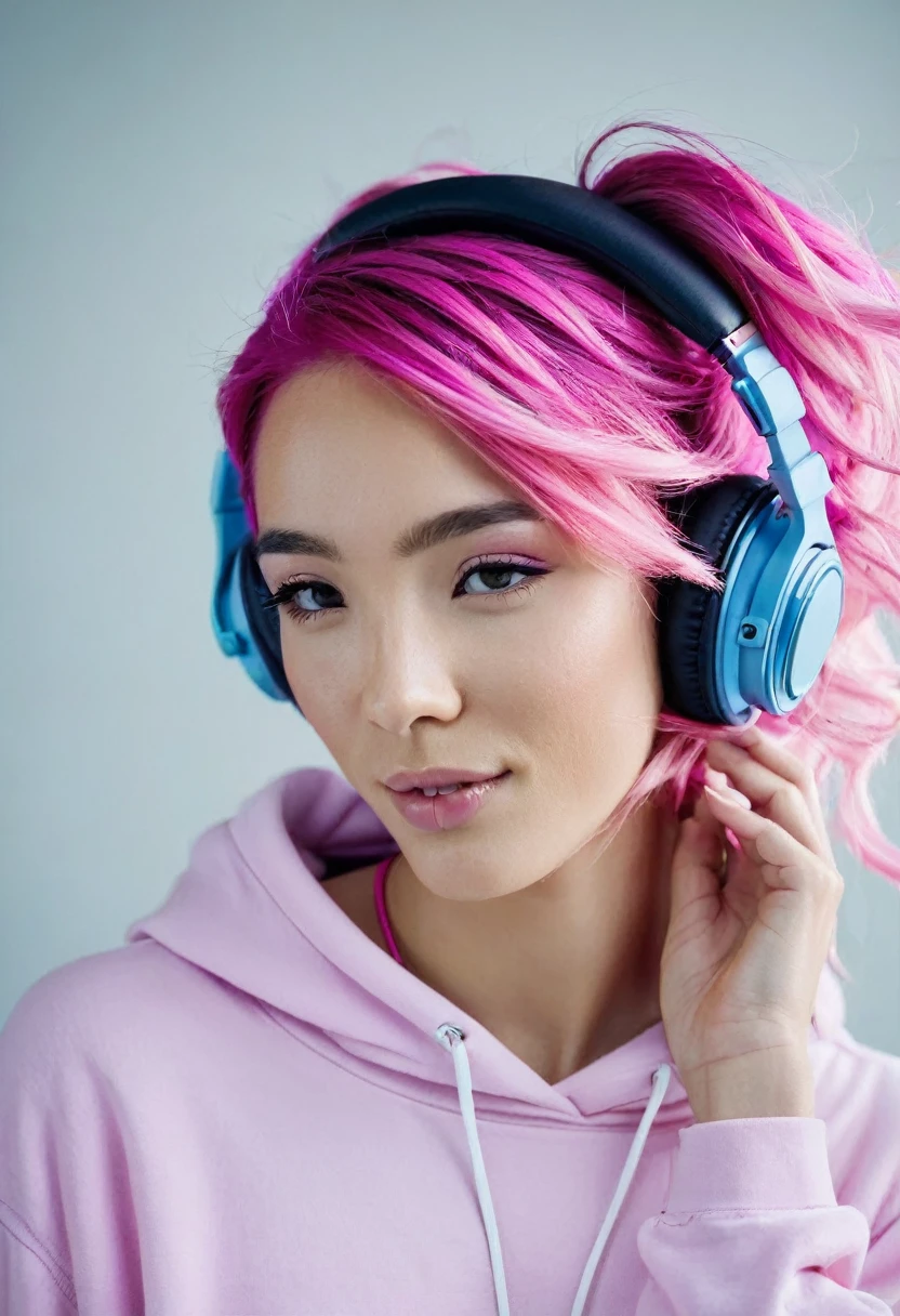 In the image, we see a young woman with vibrant pink hair wearing headphones. She has a confident expression on her face and appears to be enjoying listening to music. The headphones are over her ears, and she is wearing a white sweatshirt. The woman''s age is estimated to be around 22 years old, and she is identified as female. The colors in the image include shades of pink, purple, and blue. The focus is on the woman''s face and hair, showcasing her unique style and personality.