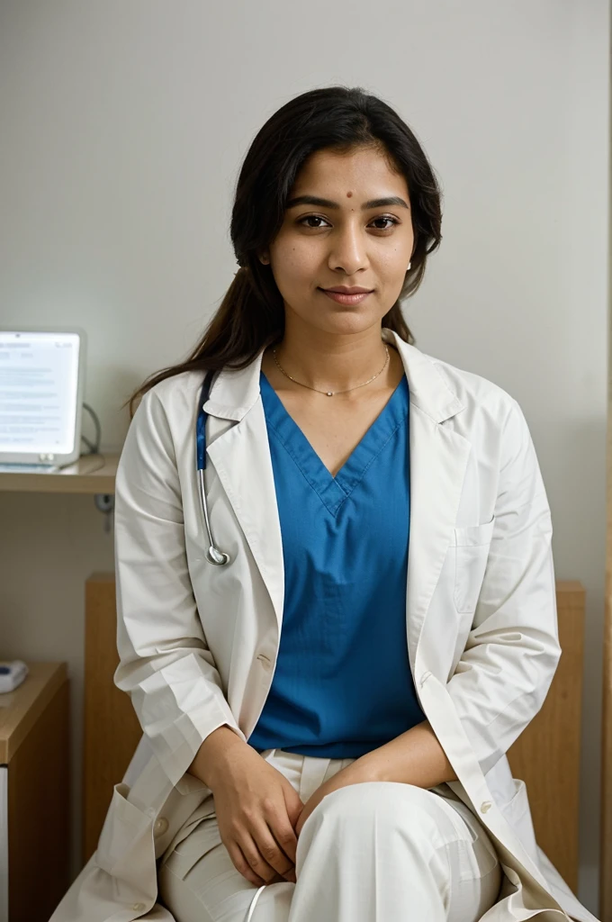 An Indian lady doctor sitting in a clinic, of age 25 -30 wearing a white coat pant and stethoscope, professional and poised, traditional beauty, serene and confident, medical professional, in a well-equipped clinic, focused on her work, Indian style, sophisticated and intelligent, highly detailed environment, warm and caring demeanor, expert in her field, compassionate expression, modern clinic setting, surrounded by medical tools and equipment, highly detailed shot, calm and reassuring presence, inspirational figure, dedicated to patient care."
