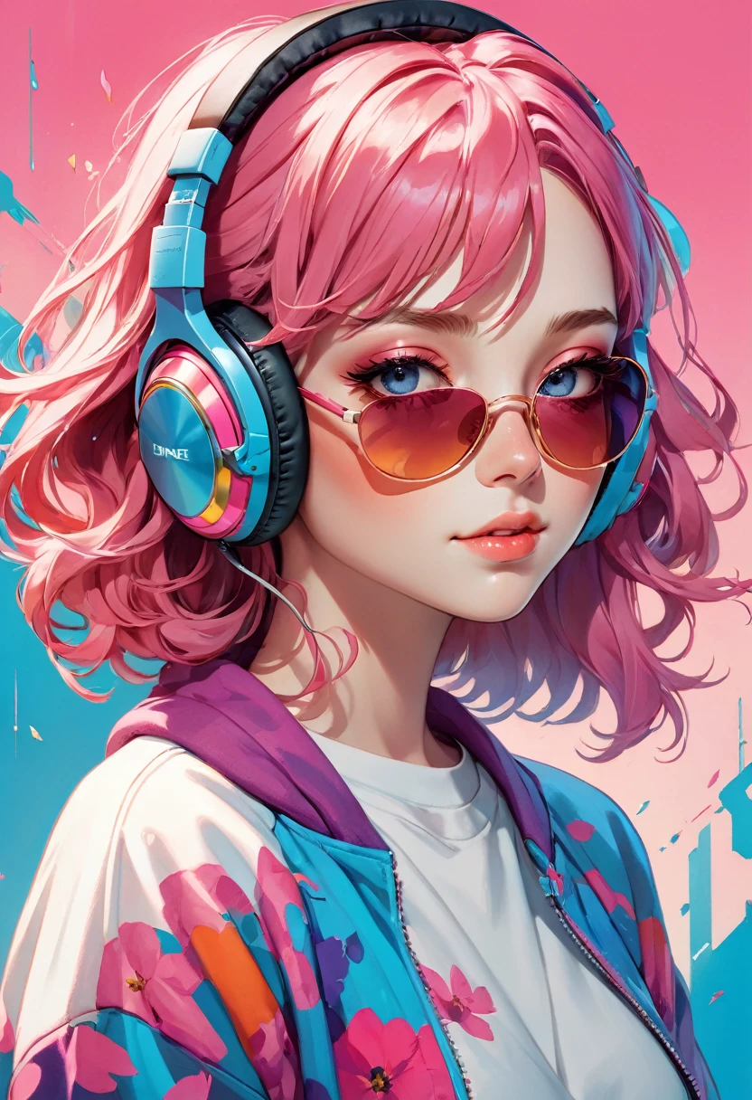 In the image, we see a young woman with vibrant pink hair wearing headphones. She has a confident expression on her face and appears to be enjoying listening to music. The headphones are over her ears, and she is wearing a white sweatshirt. The woman''s age is estimated to be around 22 years old, and she is identified as female. The colors in the image include shades of pink, purple, and blue. The focus is on the woman''s face and hair, showcasing her unique style and personality.