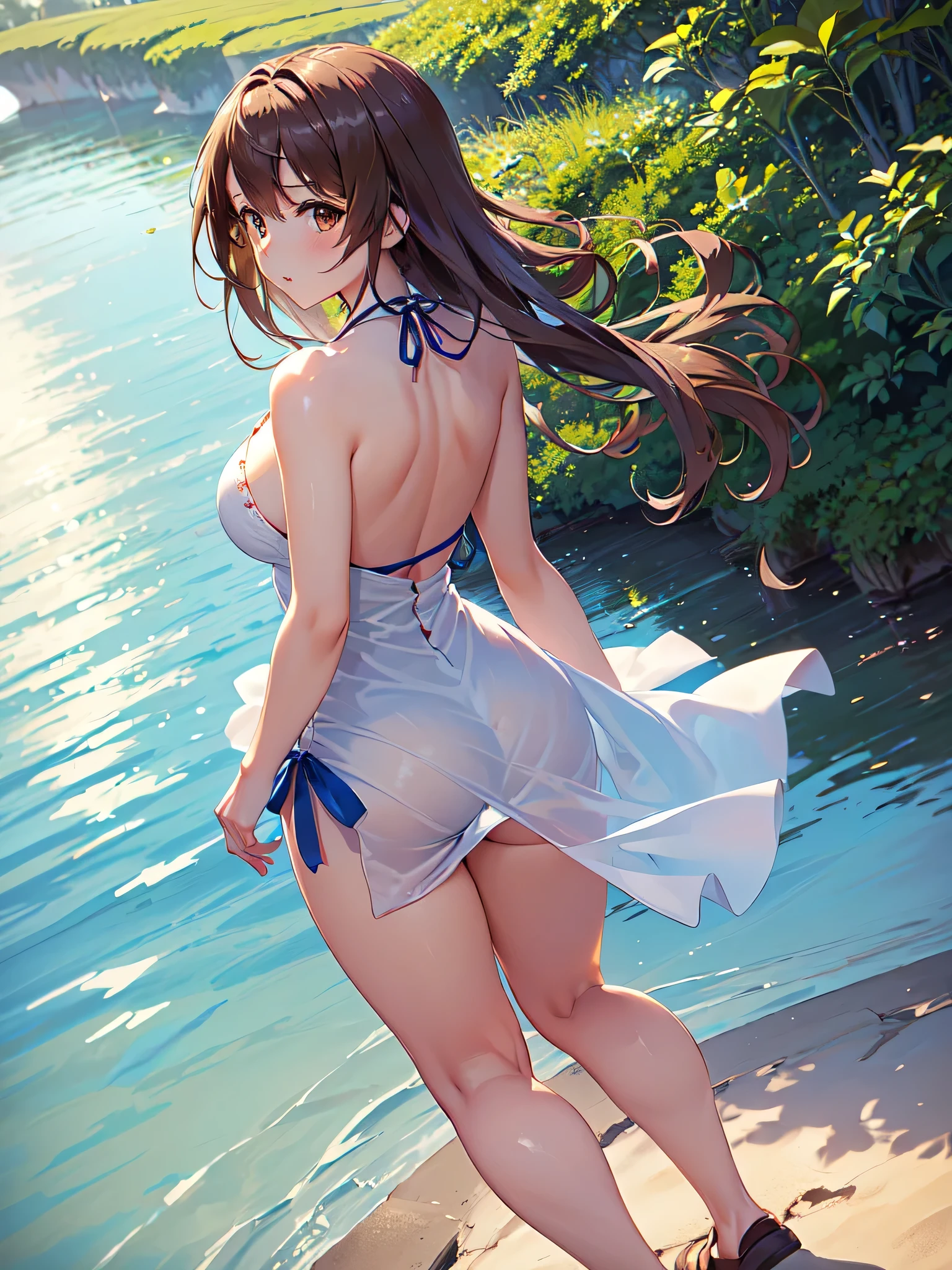 all intricate details:"(Full body view, professional anime, anime (ufotable),happy woman walking in a field with white and blue flowers, very beautiful symmetrical face, Brown eyes, medium brown hair, looking view, the sunlight shines from the front showing her wonderful figure, Dress comfortably and loosely, intricate details, Professional 50mm camera, back angle)"