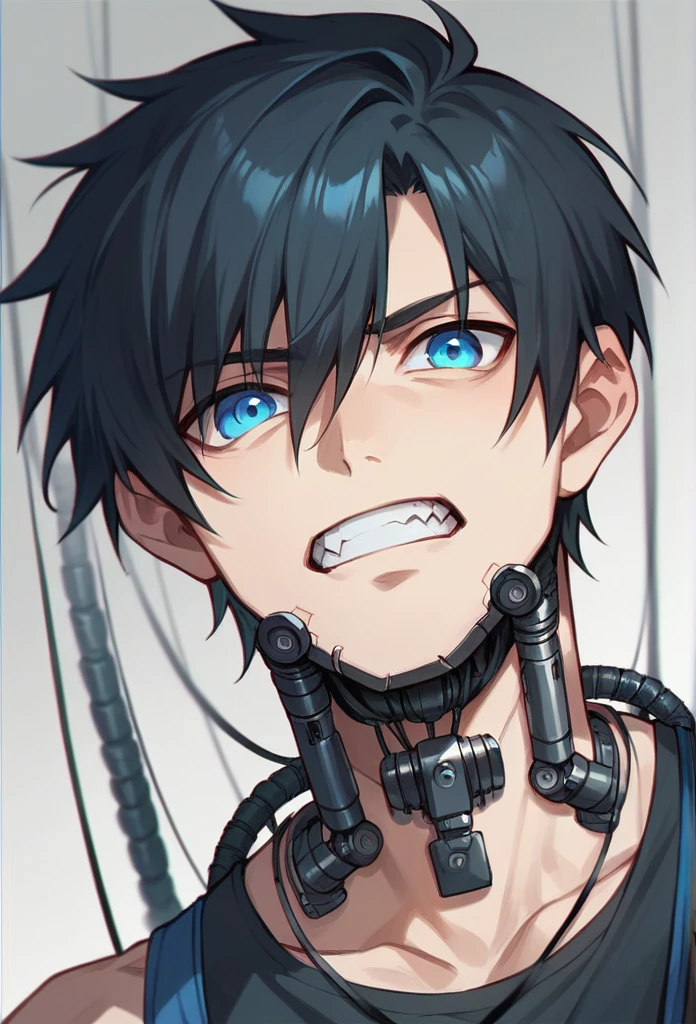 Android boy with human appearance, bright blue eyes, black hair and robotic parts innhis face and metal teeth and wires in the face 