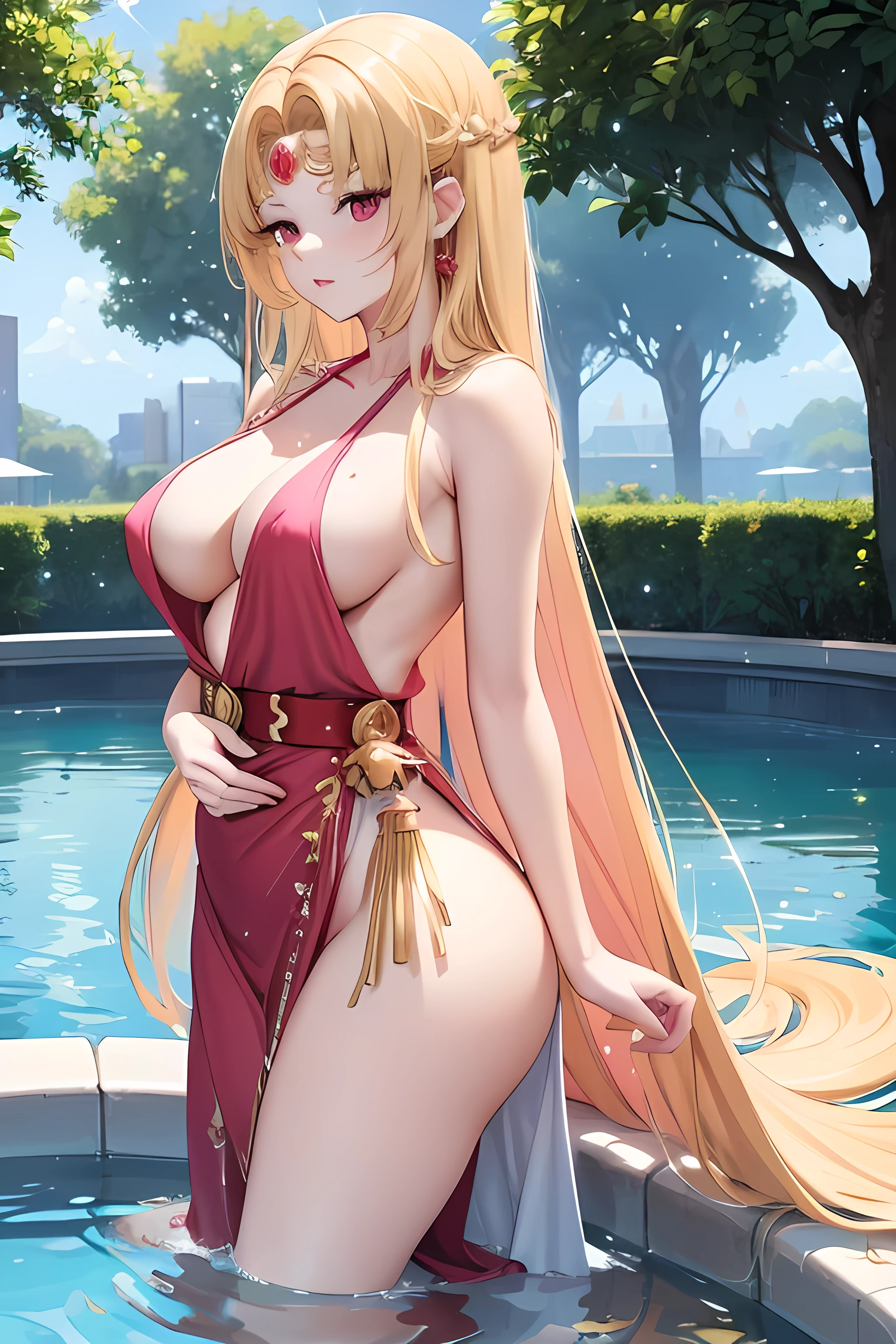 blonde very long hair, red eyes, wearing a sexy pink dress, side slit, ultrasharp, looking at the viewer, ((best quality)), ((masterpiece)), (detailed), perfect face, big breast, sexy body, sexy woman besides her, hugged, An anime scene of two girls hugging and kissing intensely, with hearts and sparkles floating around them as they stand in pool of water