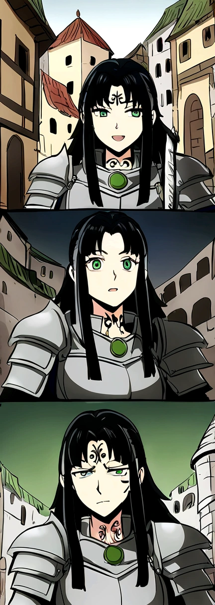 anime style, Women, it would be nice, black hair and green eyes, with three black tails,  with armor with black Chinese decorations with green decorations, black roots embedded in his neck and a tattoo on his face that alludes to roots, traditional chinese silver sword,  threatening happy expression, background medieval city