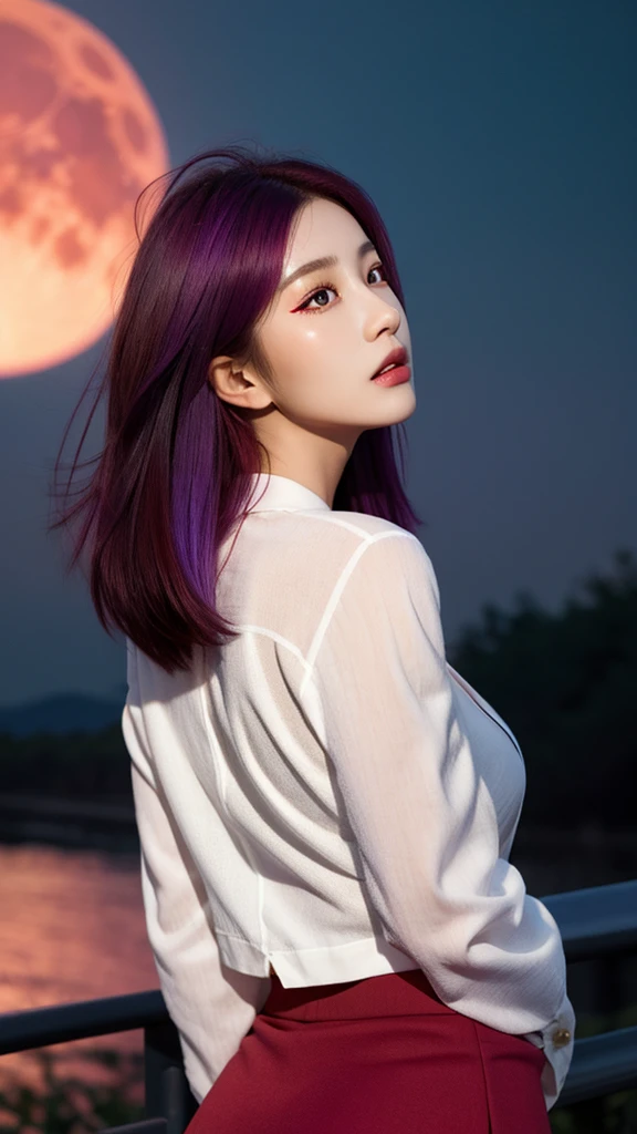 1girl, beautiful face, ((white eyes)), sexy pose, Red moon in the background, stars, space, (lightroom:1.13), soft light, (natural skin texture:1.2), (Hyperrealism:1.2), sharp focus, focused,[[realistic]]Front open shirt、Jacket、G-cup bust、Reddish-purple hair、Purple bra、skirt、Glamorous figure、Big Ass、Side view、
