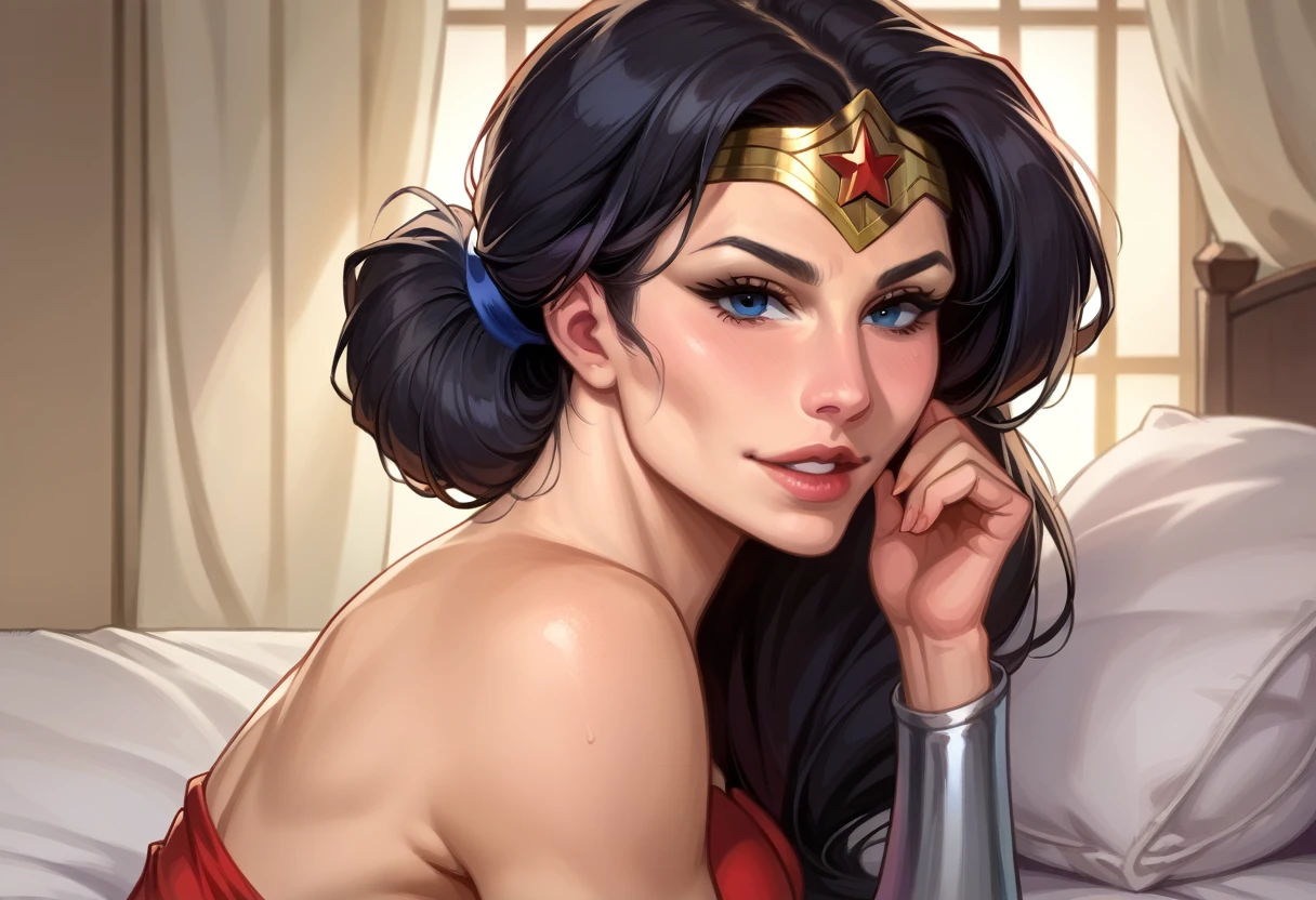 [Best quality, dynamic lighting, highly detailed] Wonder woman, beautiful, mature, gorgeous, cleavage, toned body, sexy, raised arms, smooth armpit, pov, deepthroat, blowjob, penis in mouth, girthy cock, seductive look, blushing, beach background.