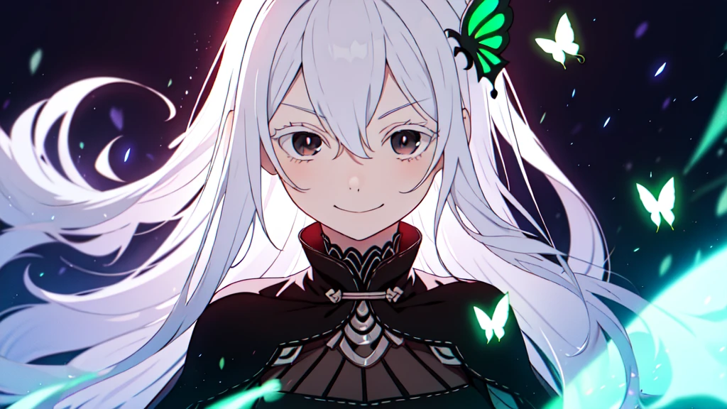 absurdres, highres, ultra detailed, echidna, brown eyes, medium breasts, butterfly hair ornament, (colored eyelashes:1.1), capelet, black dress, long sleeves, looking at viewer, evil smile, otherworldly hues, surreal landscapes, unseen light, ethereal glow, neon green glow, vibrant colors, ghostly effect