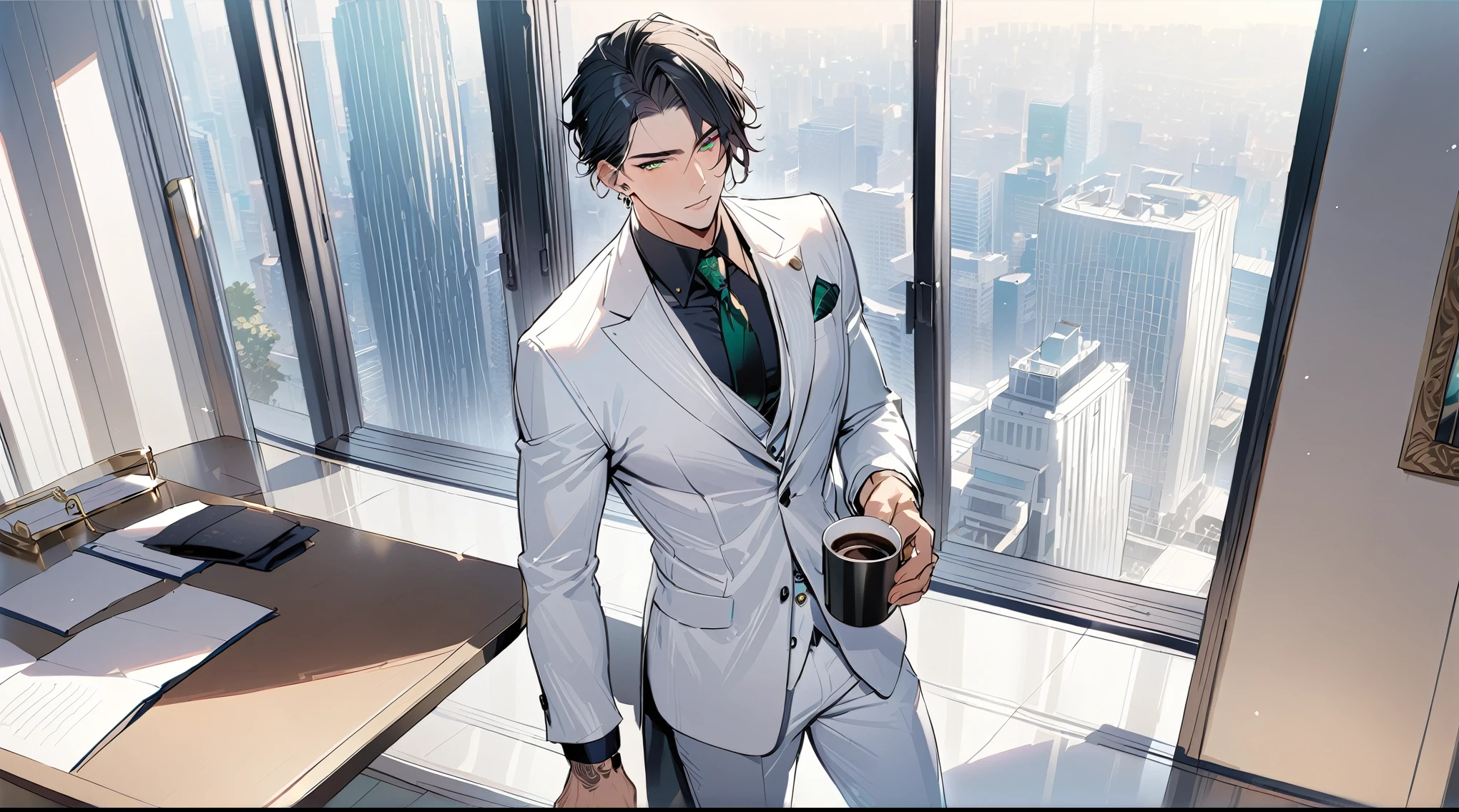 1 male, 25 years old British male, decisive, graceful, tattooed, emerald green eyes, black hair, white suit, black shirt, tie, British gentleman, white pants, office president, perfect body
Standing, holding a cup of coffee in his hand
((best quality)), ((masterpiece)), (detailed), office, president's office, floor-to-ceiling windows, top-down view scene,