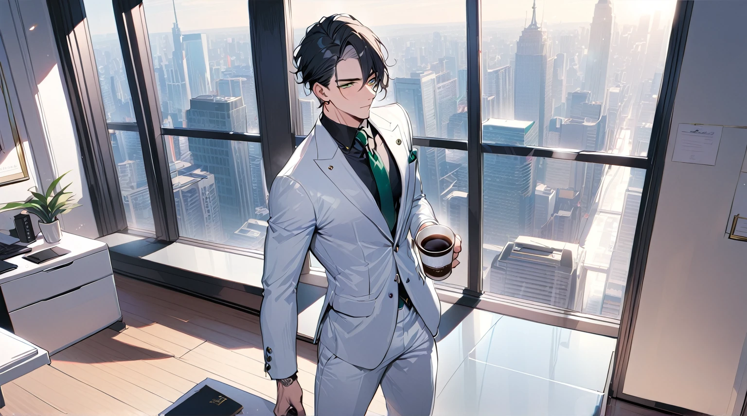1 male, 25 years old British male, decisive, graceful, tattooed, emerald green eyes, black hair, white suit, black shirt, tie, British gentleman, white pants, office president, perfect body
Standing, holding a cup of coffee in his hand
((best quality)), ((masterpiece)), (detailed), office, president's office, floor-to-ceiling windows, top-down view scene,