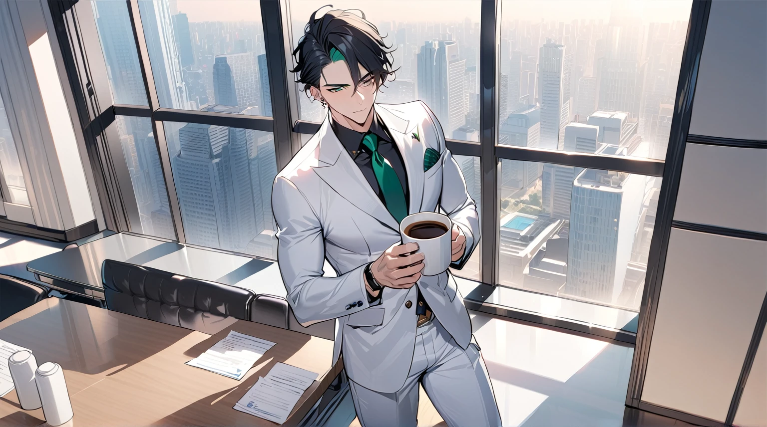 1 male, 25 years old British male, decisive, graceful, tattooed, emerald green eyes, black hair, white suit, black shirt, tie, British gentleman, white pants, office president, perfect body
Standing, holding a cup of coffee in his hand
((best quality)), ((masterpiece)), (detailed), office, president's office, floor-to-ceiling windows, top-down view scene,