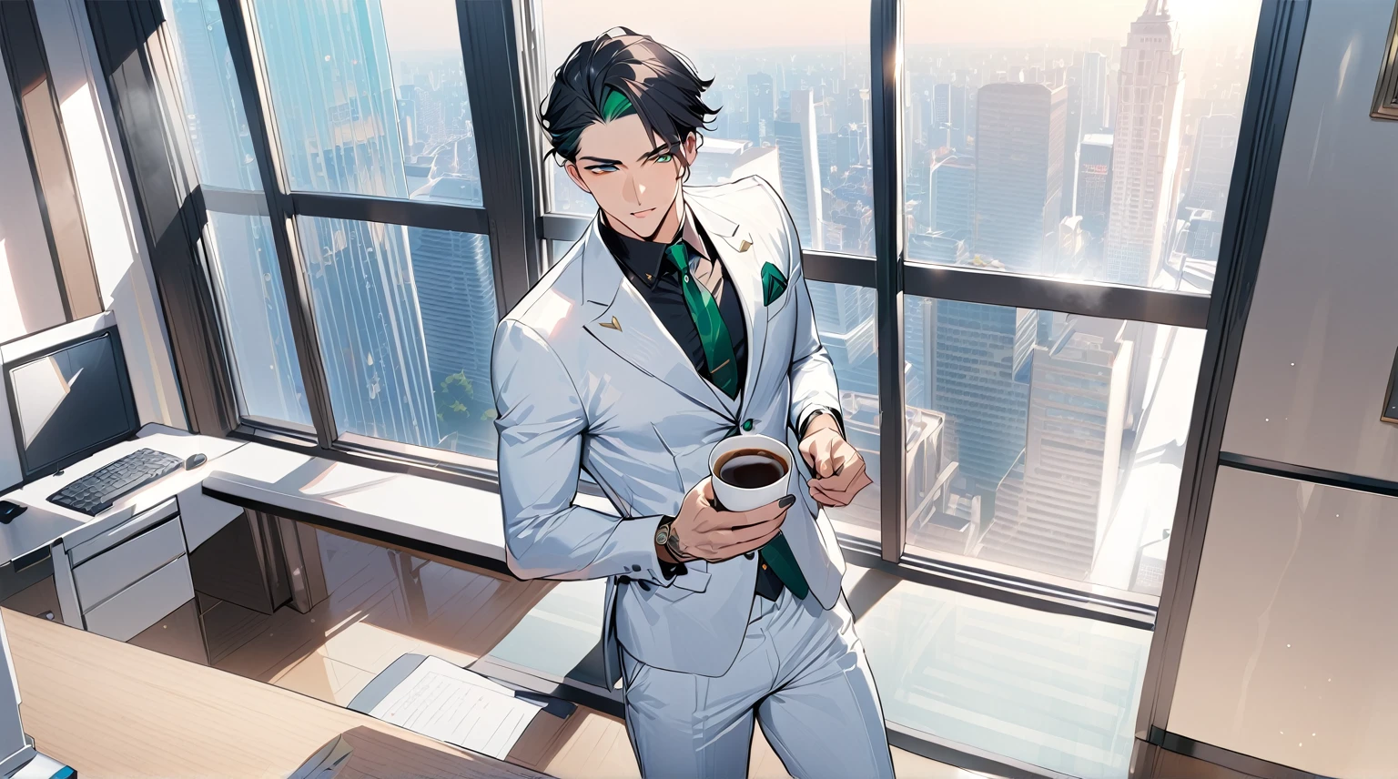 1 male, 25 years old British male, decisive, graceful, tattooed, emerald green eyes, black hair, white suit, black shirt, tie, British gentleman, white pants, office president, perfect body
Standing, holding a cup of coffee in his hand
((best quality)), ((masterpiece)), (detailed), office, president's office, floor-to-ceiling windows, top-down view scene,