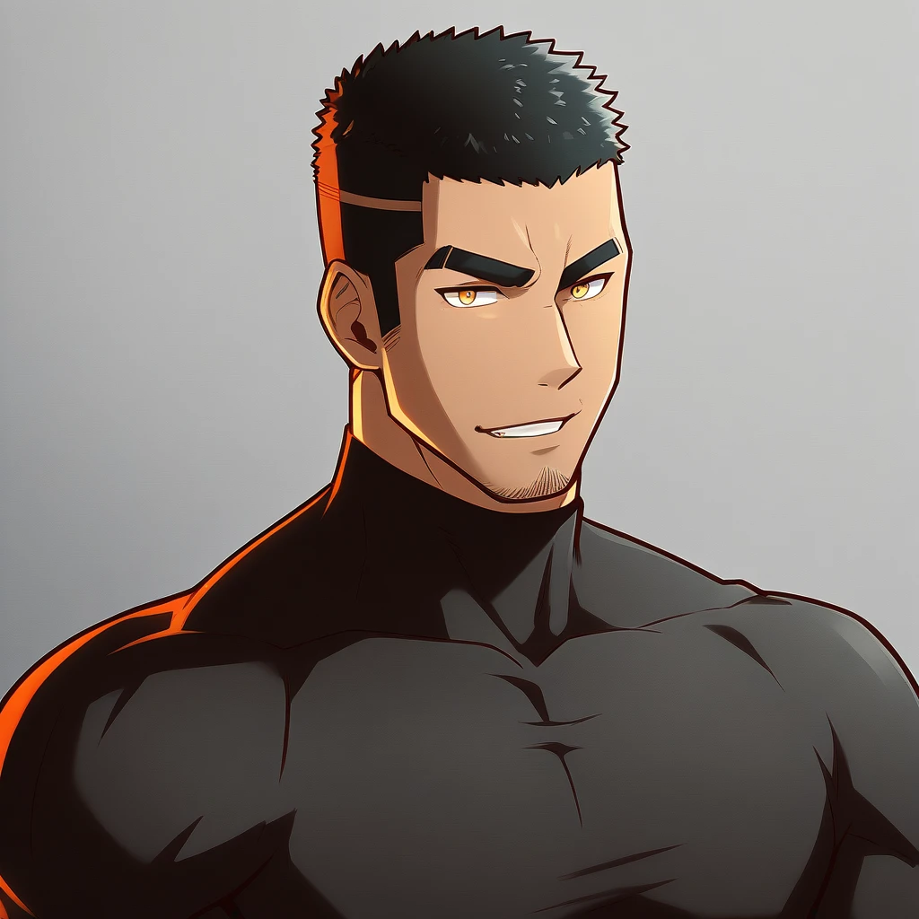 anime characters:Gyee, Young Muscle Sports Teacher, negro black skin, Buzz Cut, Manliness, male focus, Dark Red long sleeve tight T-shirt, Slightly transparent texture, Very tight, Slightly transparent, muscular male, muscular, only, Upper body, alone, Black short hair, Thick eyebrows, stubble, Yellow eyes, Grey background, simple background, amazing quality, best aesthetics, Ridiculous, bright pupils, crew cut, parted lips, seductive smile, torogao, naughty face, best quality