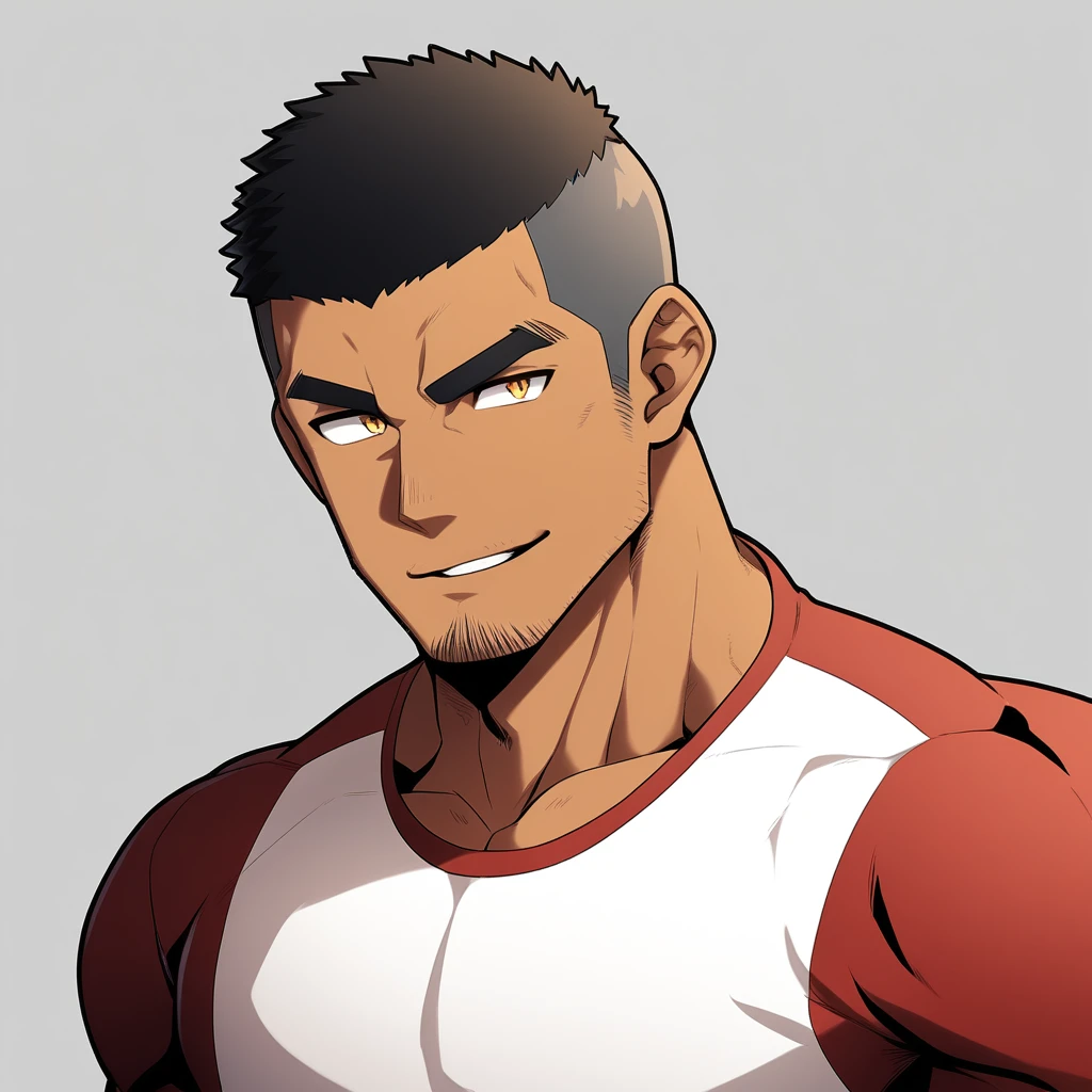 anime characters:Gyee, Young Muscle Sports Teacher, ????? black skin, Buzz Cut, Manliness, male focus, Dark Red long sleeve tight T-shirt, Slightly transparent texture, Very tight, Slightly transparent, muscular male, muscular, only, Upper body, alone, Black short hair, Thick eyebrows, stubble, Yellow eyes, Grey background, simple background, amazing quality, best aesthetics, Ridiculous, bright pupils, crew cut, parted lips, seductive smile, torogao, naughty face, best quality