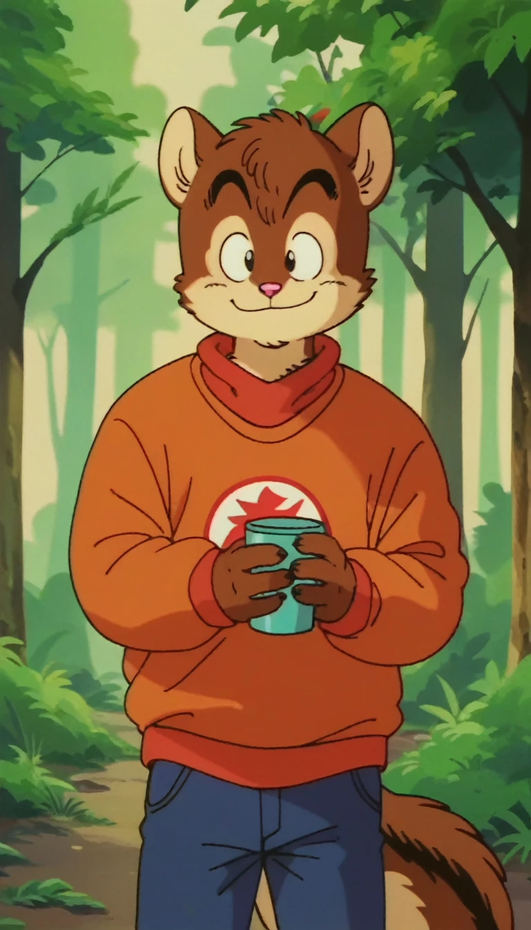 anime screencap,drgbls1, solo, anthro squirrel, ,male, sweater, score_9, score_8_up, score_7_up, score_6_up,forest,smile
