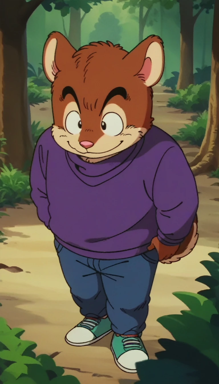 anime screencap,drgbls1, solo, anthro squirrel, ,male, sweater, score_9, score_8_up, score_7_up, score_6_up,forest,smile