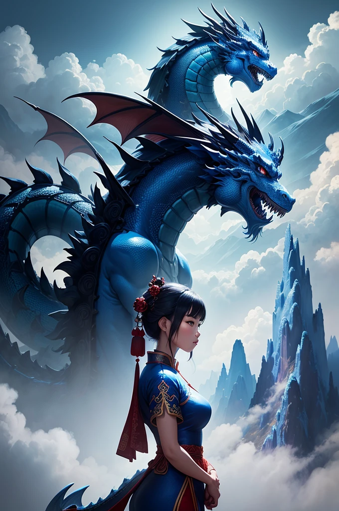 Chinese style, masterpiece, best quality, super detailed, , high contrast, a blue Chinese dragon looks down on the girl, the girl looks at the dragon, fairy mountains, clouds and mist, Chinese style