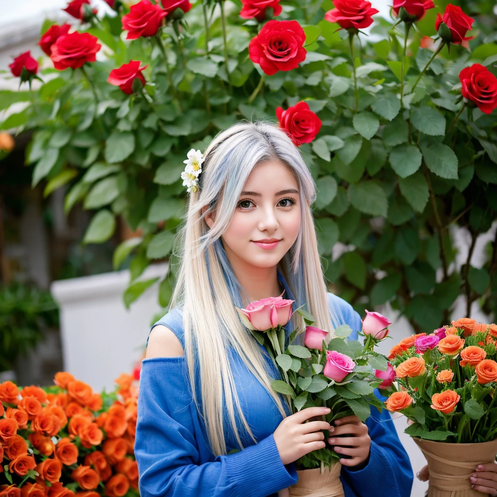 Young 18-year-old güerita.years old blue leaves blonde hair dressed in flowers selling gerbera flowers and roses in Central de Abastos Villa Guerrero State of Mexico