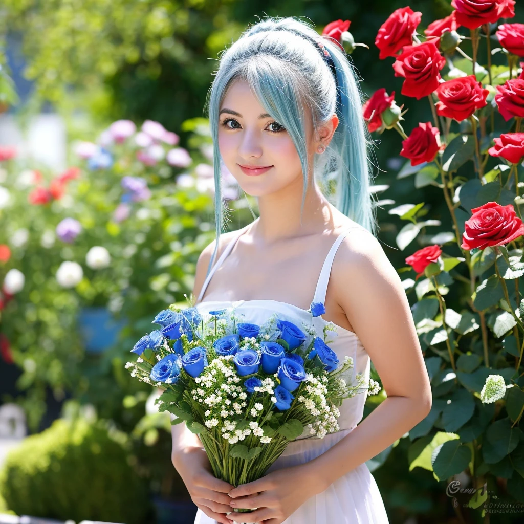 Young 18-year-old güerita.years old blue leaves blonde hair dressed in flowers selling gerbera flowers and roses in Central de Abastos Villa Guerrero State of Mexico