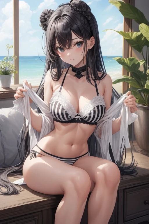 Upper body、oil、masterpiece、Highest quality、High resolution、long hair of black color、coastal、Naughty look、White and grey stripes々Bra very、White and grey stripes々panties、Bend your legs、Woman's face、Hot Face、A slightly troubled look、Sweaty skin、blue sky、Pink Tank Top、Black mini skirt、(Leaning forward:1.2)、On all fours、breasts necklace on