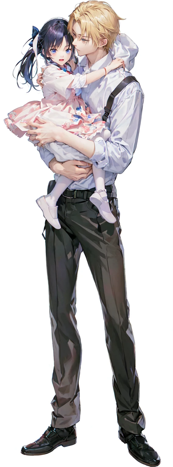 anime couple hugging each other while holding a baby, tall anime guy with blue eyes, !!full body portrait!!, full body close-up shot, yandere. tall, full body portrait of a short!, full body illustration, fullbody portrait, fully body portrait, makoto shinkai and (cain kuga), made with anime painter studio