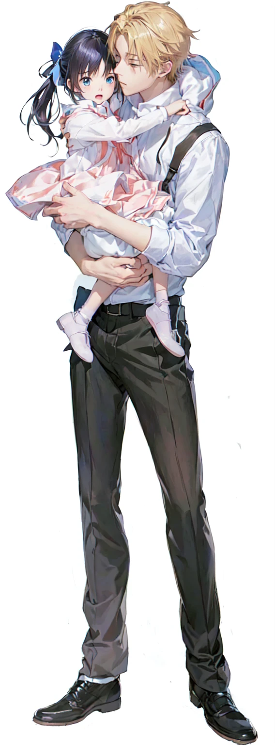 anime couple hugging each other while holding a baby, tall anime guy with blue eyes, !!full body portrait!!, full body close-up shot, yandere. tall, full body portrait of a short!, full body illustration, fullbody portrait, fully body portrait, makoto shinkai and (cain kuga), made with anime painter studio