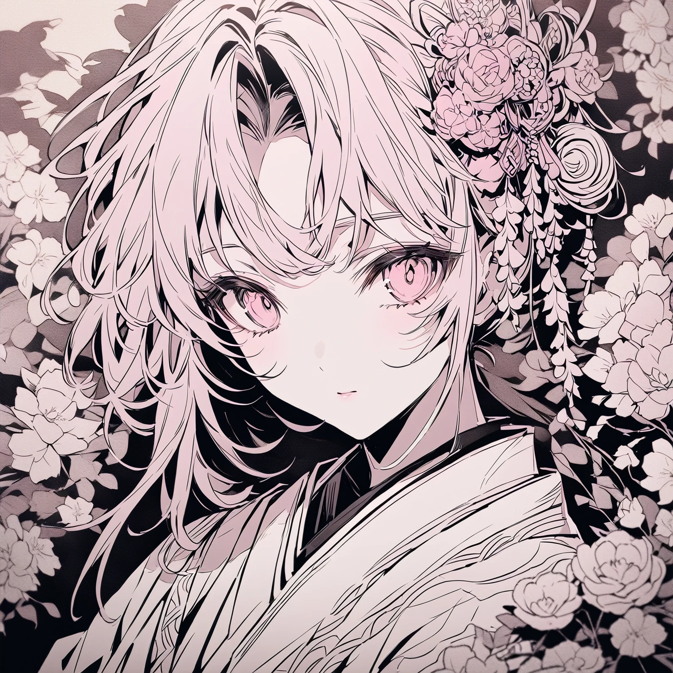 Beautiful anime portrait,Pink monochrome,Oriental Wallpaper,Pink,Feeling,very anime style,Japanese Samurai,Flowers,Close-up,Soft Light,Rich in details,The expression is firm,Kimono decoration,Background blur,Vivid colors,情Feeling深沉,front