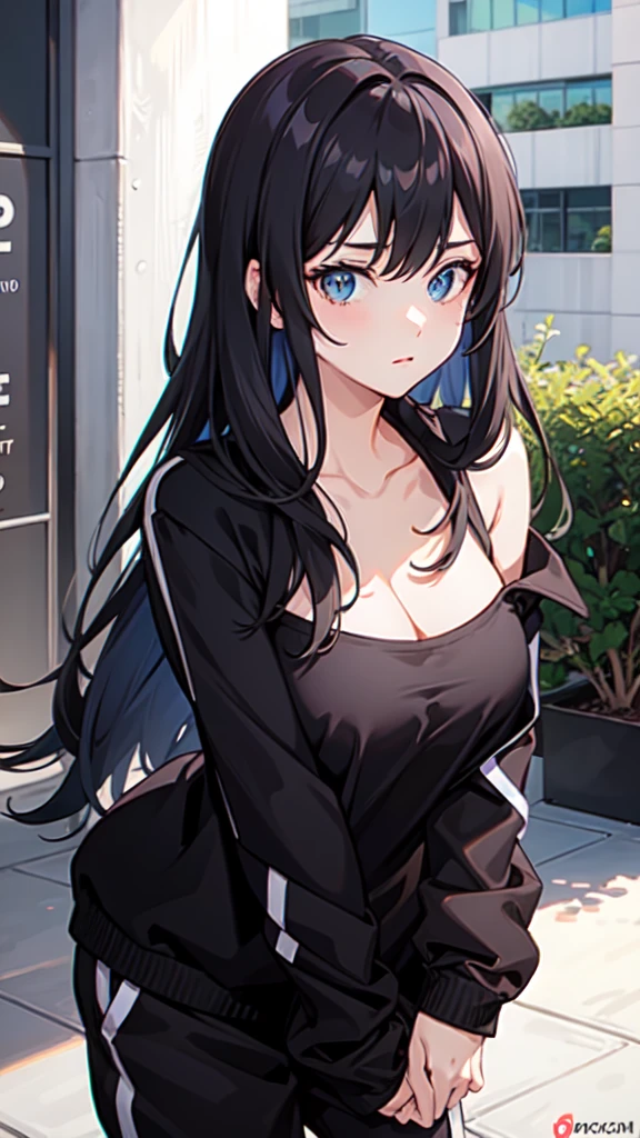 Off-the-shoulder attire,looks into camera,The upper part of the body,Black color hair,cleavage,track suit,sport