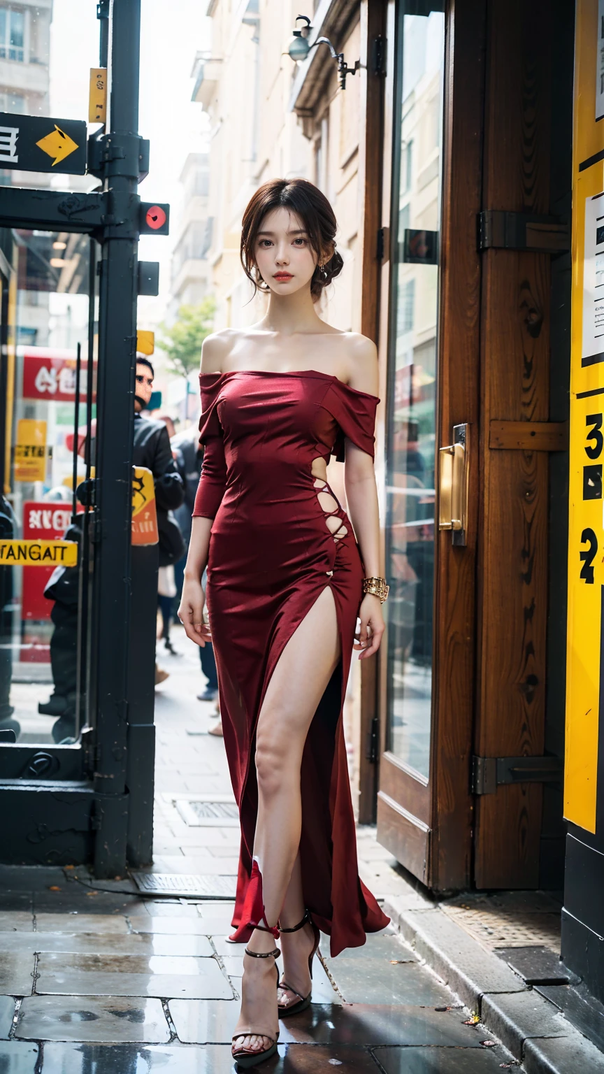 One girl, Teen、Wear a one-shoulder top、Sexy proportions、Sexy、Narrow waist、Wear accessories on your wrist、Wear high heels、Cross one's arms、Wearing stockings、Show off the beauty of the leg line、Wear a tight lender legs