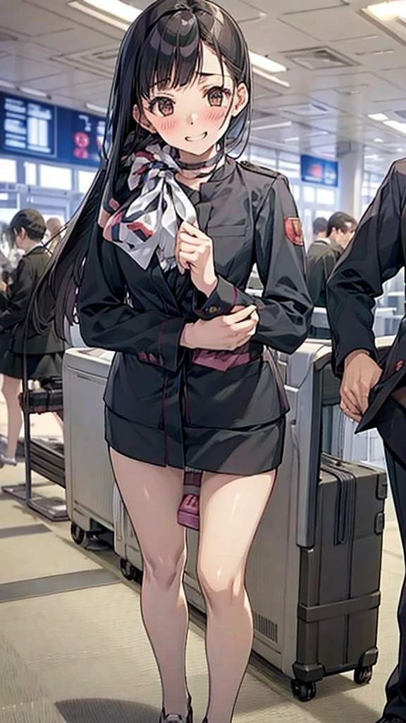 dildo_Under_Cloth,Fullbody,panty drop,A photo of an airport staff member wearing a uniform, standing in a modern airport terminal, with a professional and friendly demeanor.