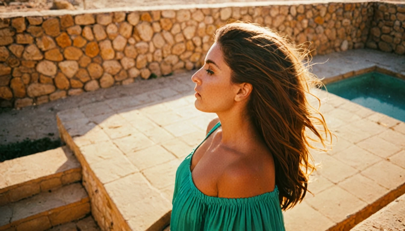 high angle shot from above, photo of a woman in lebanon,
shot with kodak portra 160 film, silhouette lighting and
lighting from the side,
sunstars, vintage color grading