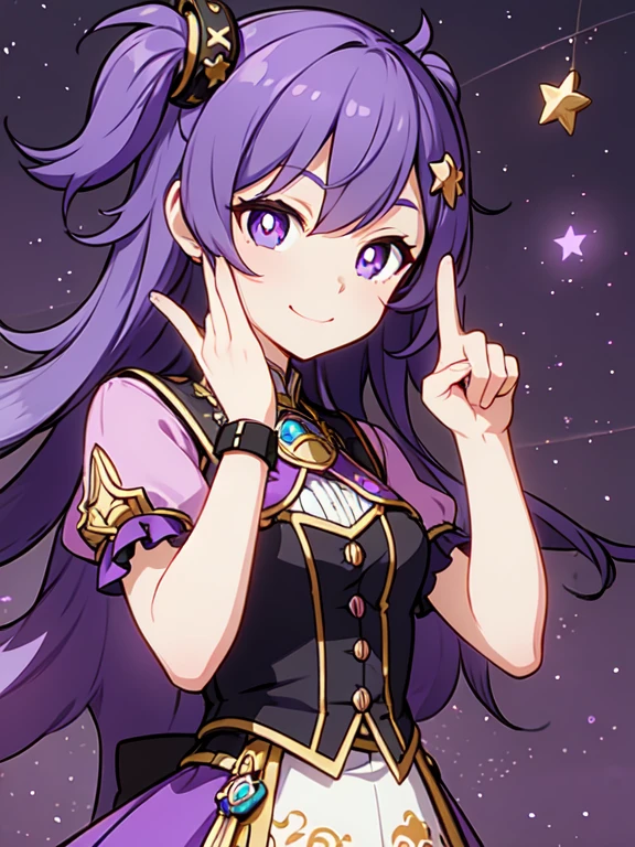 Hoshino Ai, gloves, language sticking out, language, long hair, star (symbol), see viewer, (purple hair: 1.2), purple eyes, upper body, hair ornament, frill, pink shirt, smile, without sleeves, shirt, idol, symbol shaped pupil, hands up, bang, one side up, star-shaped pupils, hands up, Dress, roaring twenties, isometric, Above, whole body, Rembrandt, illustration, Detail, depth of field, I look at the viewer, peace sign, hand raised, language out, top quality, A high resolution.