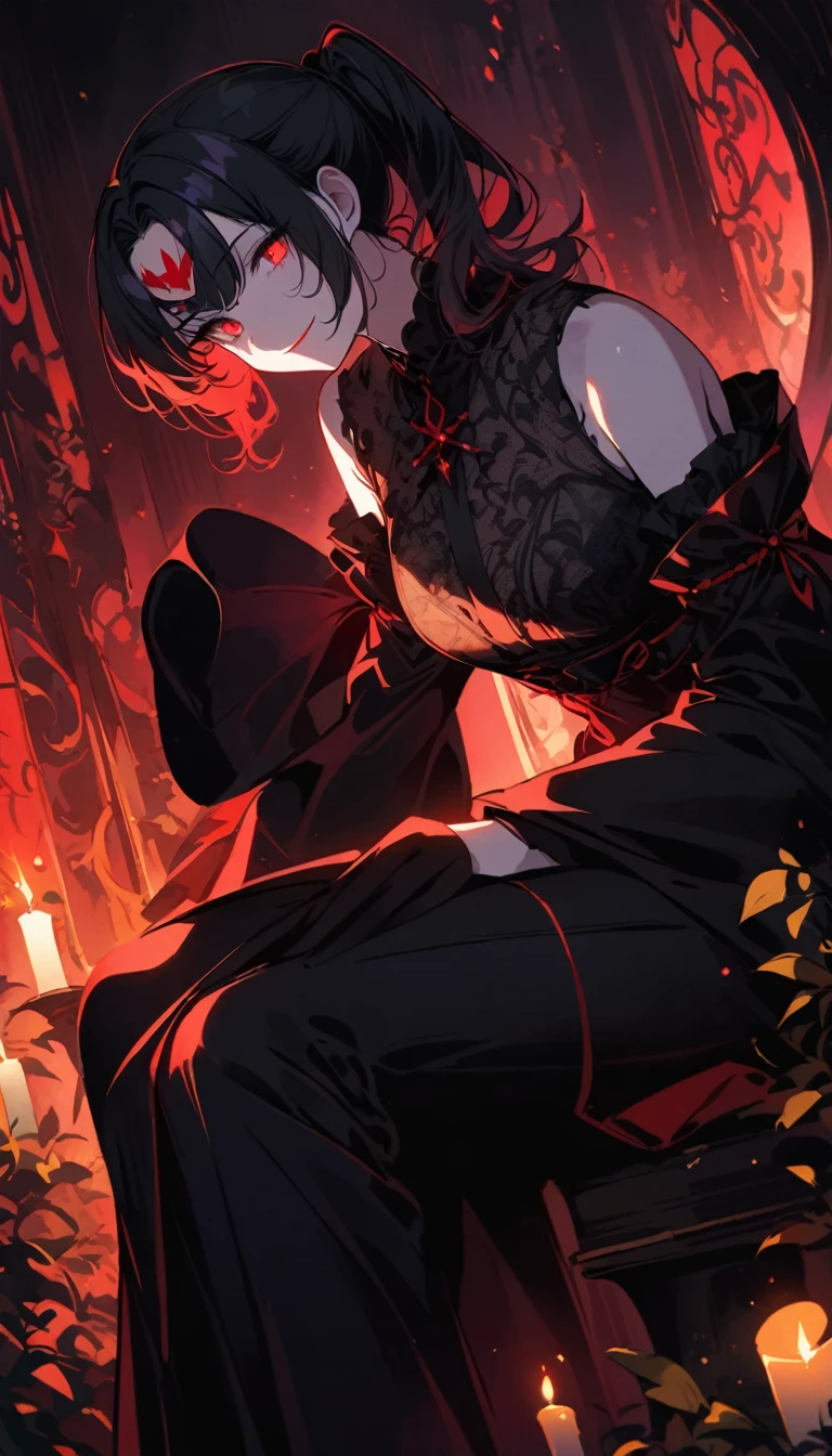 ((((Magister premier auflatif, Titan Ecran Star, hyperrésolution ultr focused)))), 1girl, sitting, ((black hair, white bindings on forehead:1)), short black hair, pale skin, ((red eyes), (red glowing eyes)), (((ultra detailed face, intricately designed red eyes:0.8))), ((three-quarter turn)), close-up, facing viewer, (((indoor, candlelit, dimly lit delicate shadows:0.9))), ((CURVED figure, masterfully designed Kimono)), looking below, ((tilted head), (((coy smile))), (((graceful hands)))), 28 years old, kimono, absent-minded, (((melancholic style)))