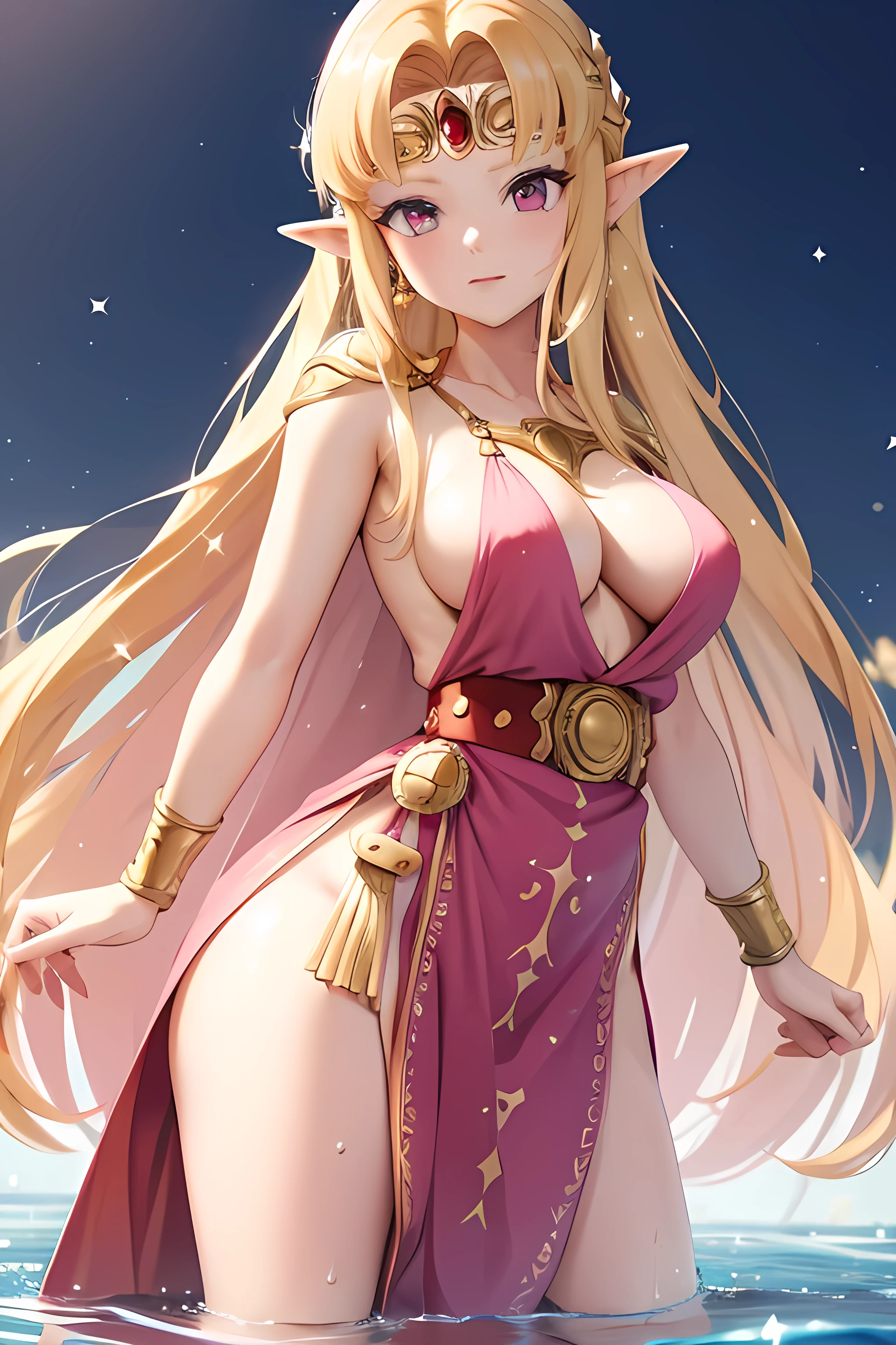 princess zelda, blonde very long hair, red eyes, wearing a sexy pink dress, side slit, ultrasharp, looking at the viewer, ((best quality)), ((masterpiece)), (detailed), perfect face, big breast, sexy body, sexy woman besides her, hugged, An anime scene of two girls hugging and kissing intensely, with hearts and sparkles floating around them as they stand in pool of water