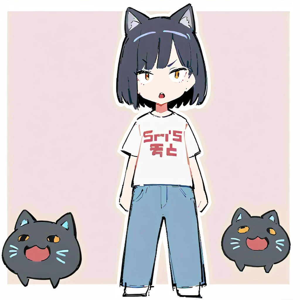 ((displeased look, crouching ,open mouth)) ,(standard height ,Thick painting style),Bold line, ((masterpiece,)),(((Highest quality))),(sketch),((women in their 20s)),Short black hair,Black cat ears,T-Shirts,jeans