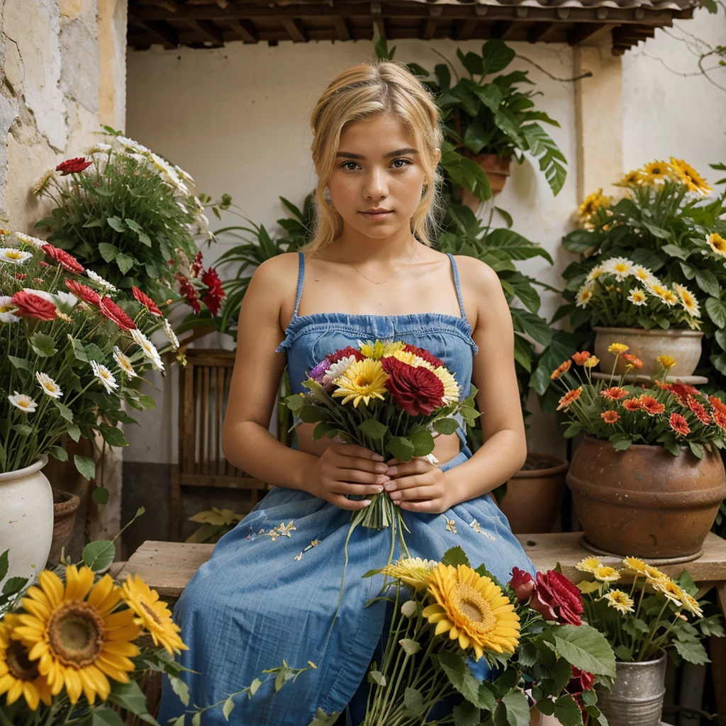 Young 18-year-old güerita.years old blue leaves blonde hair dressed in flowers selling gerbera flowers and roses in Central de Abastos Villa Guerrero State of Mexico