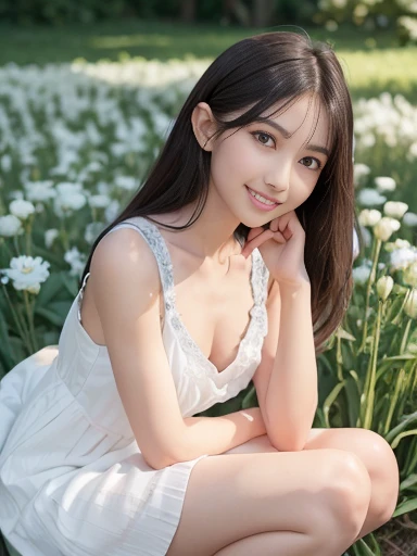 a lot of details, (underweight), 30 years old, detailed black hair, beautiful detailed hair, super fucking beautiful, delicate beautiful face, complex details beautiful and delicate eyes, perfect hands, (flat chest best quality:1.5), perfect and delicate limbs, detailed skin, best quality, ultra-detailed,(cheerful grin:1.5), field of flowers, female, elf, cute creatures, legs spread, squatting, long hair, dress, in the field of flowers, cowboy shot, low angle shot
