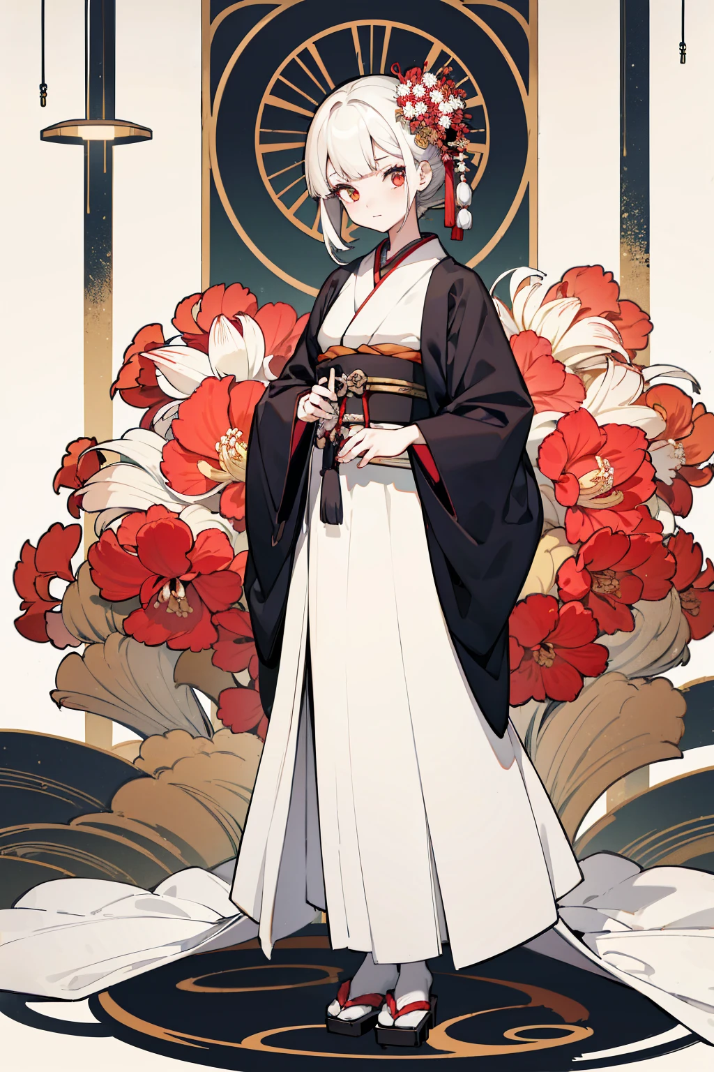 (1. Female), solo, solo, Full-body portrait, Japanese Kimono, Amaryllis, Hell&#39;s Flower，Hellfire，White background, The Detailed Art of the Onmyoji, Traditional oriental art style, beautiful painting style, The Style, masterpiece, Top Quality, Highest quality, Ultra-high resolution