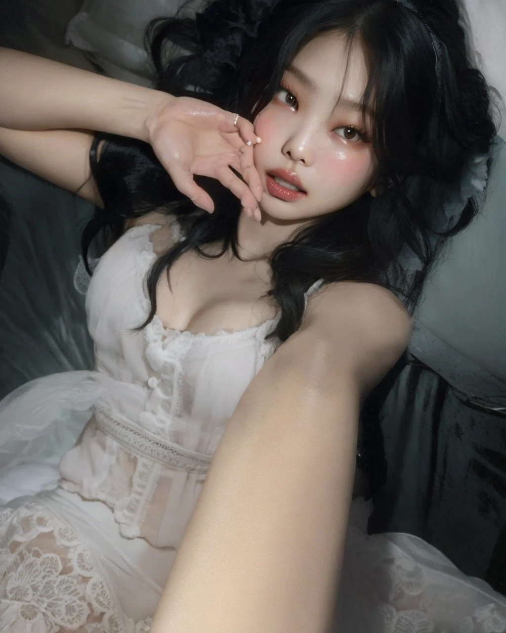 Jennie the Blackpink, sweet face, white lingerie