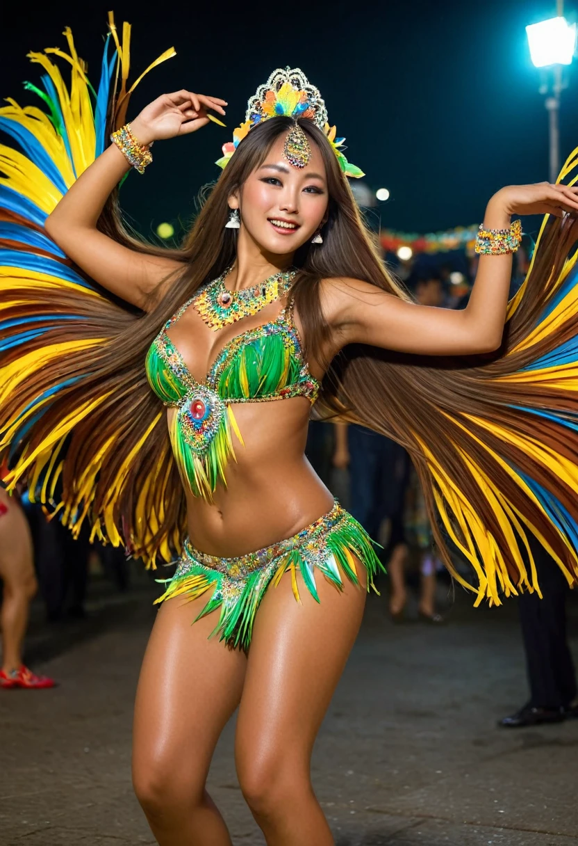 best quality, 8k, very delicate and beautiful, highly detailed face and skin texture, shiny skin, high resolution, huge tits and huge booty sexy brown long hair tanned skin japanese girl in colorful samba dance dress dancing in carnival at night, side view, full body, sharp focus
