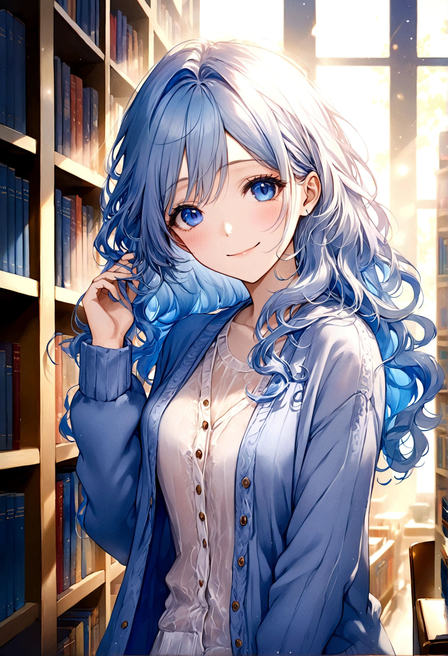 ((top-quality)), ((masterpiece)), ((ultra-detailliert)), (extremely delicate and beautiful), beautiful woman, bright light blue hair, long wavy hair, sapphire blue eyes, cozy cardigan, sheer white shirt under cardigan, sweet smile, fair complexion, library background