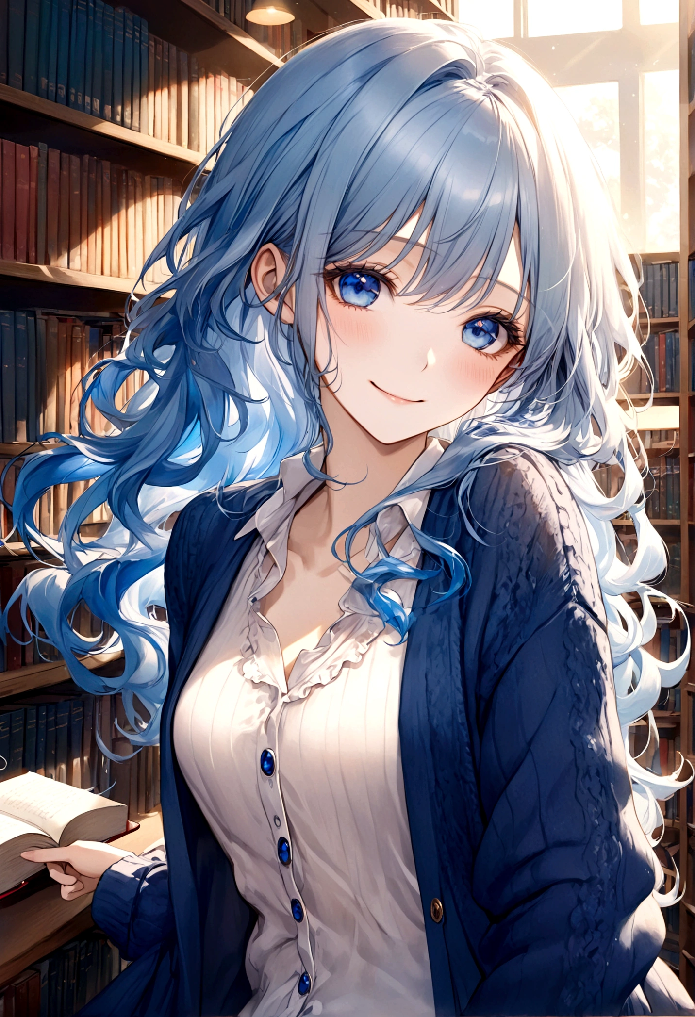 ((top-quality)), ((​masterpiece)), ((ultra-detailliert)), (extremely delicate and beautiful), beautiful woman, bright light blue hair, long wavy hair, sapphire blue eyes, cozy cardigan, sheer white shirt under cardigan, sweet smile, fair complexion, library background