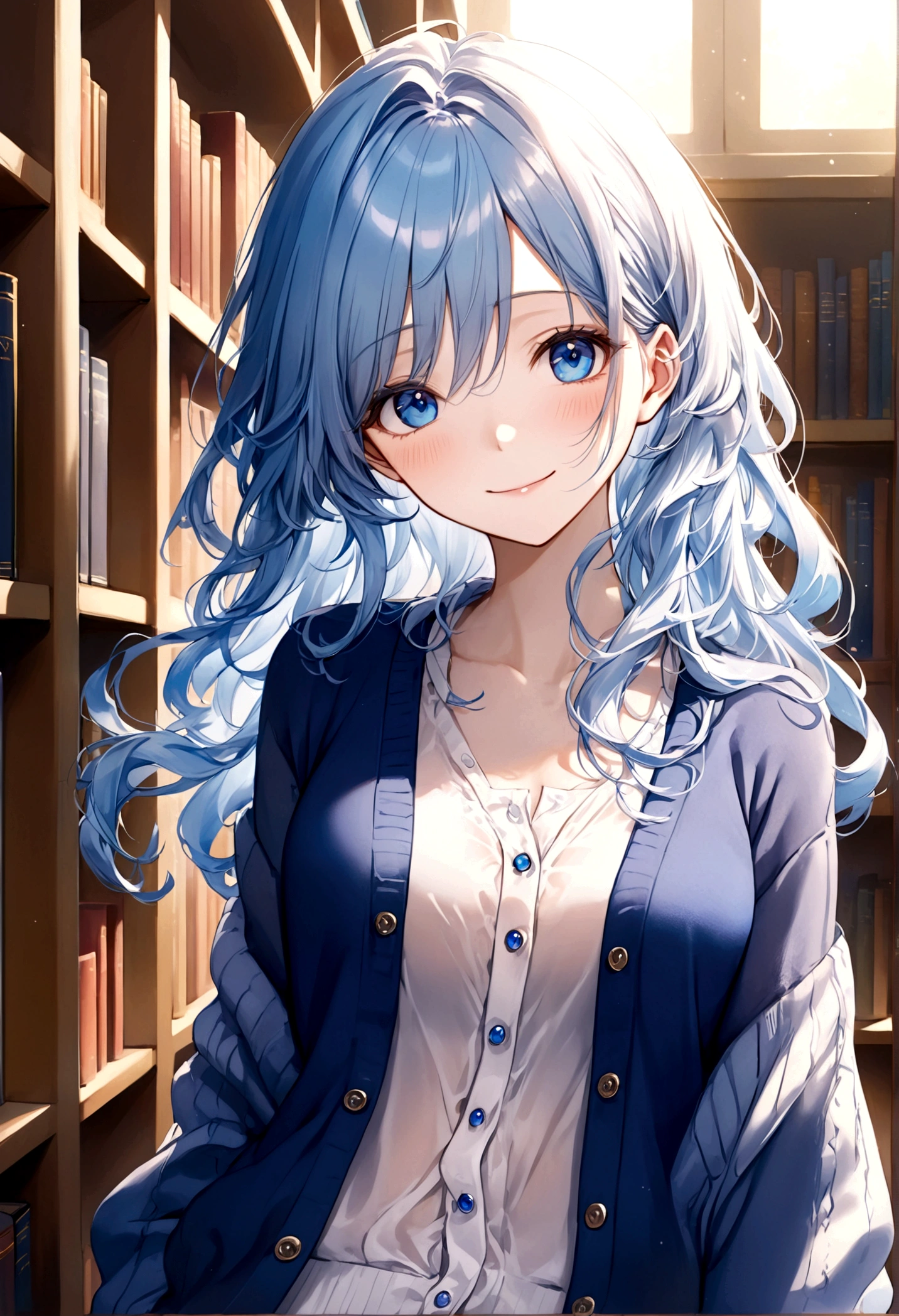((top-quality)), ((masterpiece)), ((ultra-detailliert)), (extremely delicate and beautiful), beautiful woman, bright light blue hair, long wavy hair, sapphire blue eyes, cozy cardigan, sheer white shirt under cardigan, sweet smile, fair complexion, library background