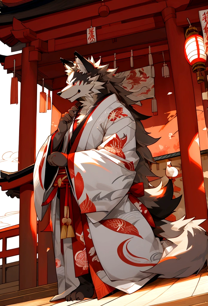 red fur,red eyes，In the shrine，Japanese style，A cartoon image of an anthropomorphic wolf, furry,anthro wolf,Yokai,magic,okami,kamisama