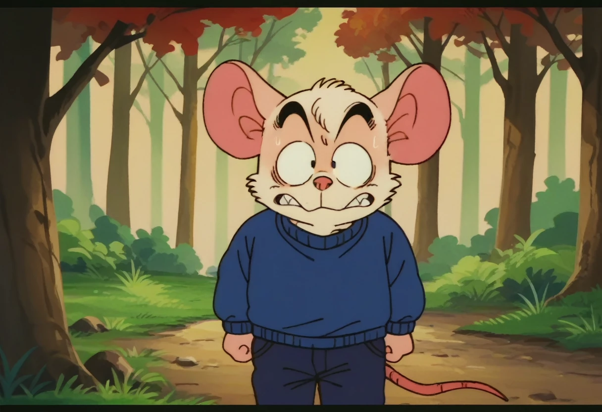 anime screencap,drgbls1, solo, anthro rat, ,male, sweater, score_9, score_8_up, score_7_up, score_6_up,forest,sneaky demeanor