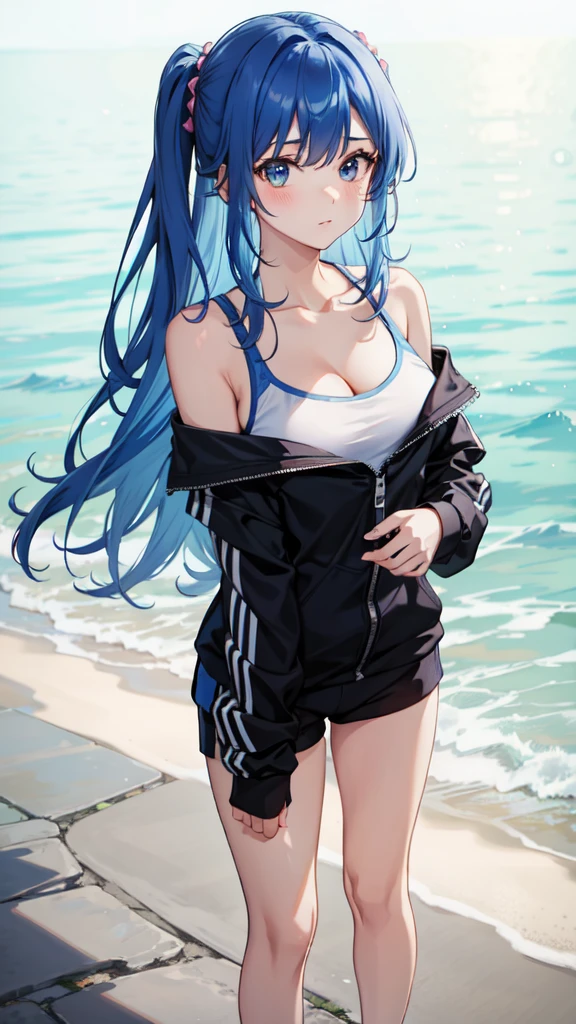 blue sky, nike, piercing woman, piercing, smile, colorful hair, black bikini, shorts, blunt bangs, (black skirt), 1girl,solo,flashy hair, photorealistic, high resolution, 1 girl, golden and pink and light blue hair, colorful hair color, korean, beach, wharf, cowboy shot,